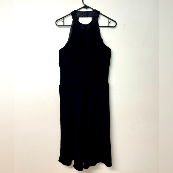 Black Dress, ruched waist, cut out back, PP 17”, length 44”, waist 15-16” size 8 - Picture 1 of 9